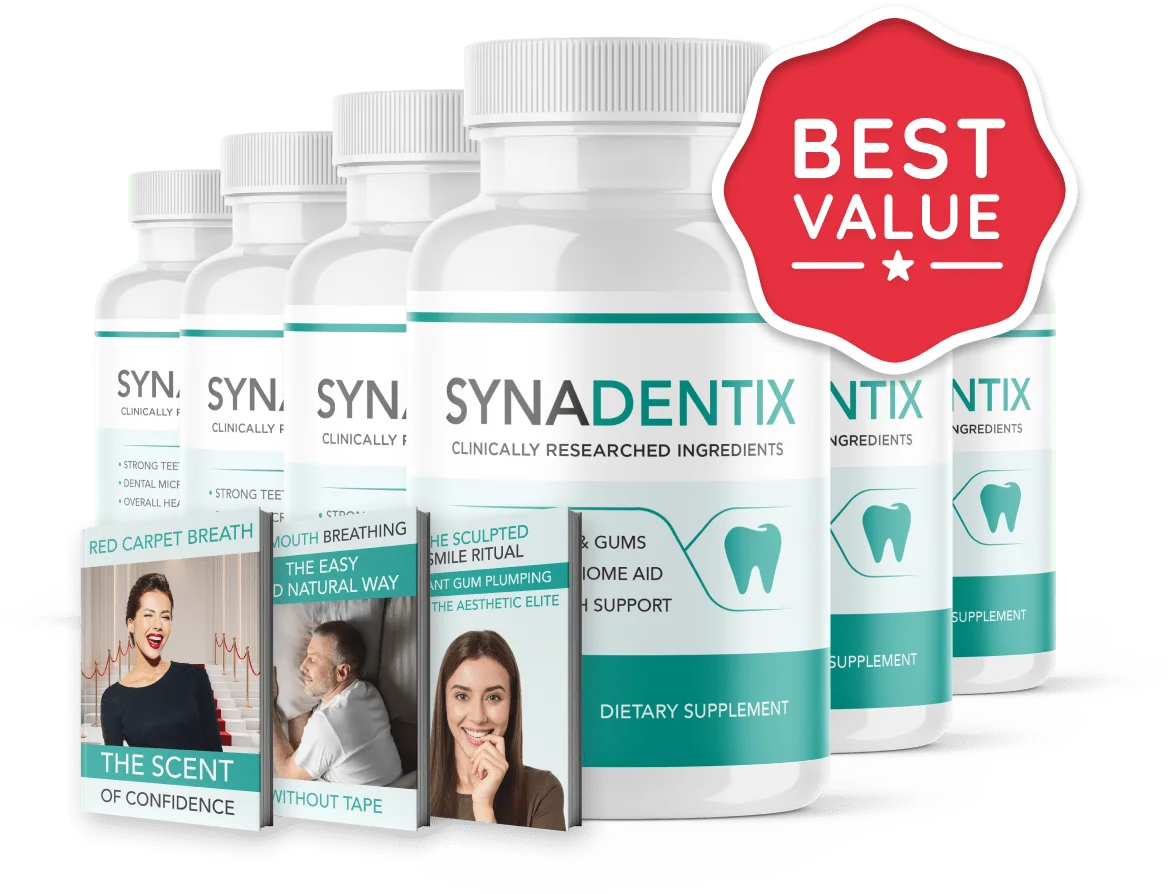 6 bottles of Synadentix dental chewable supplement — best value 180-day supply with 3 free bonus ebooks