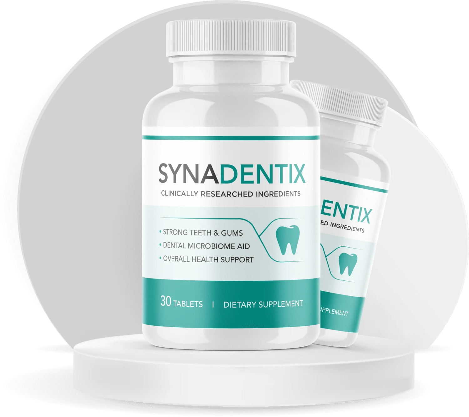 Single bottle of Synadentix dental chewable supplement with 30 tablets per bottle providing a full 30-day supply